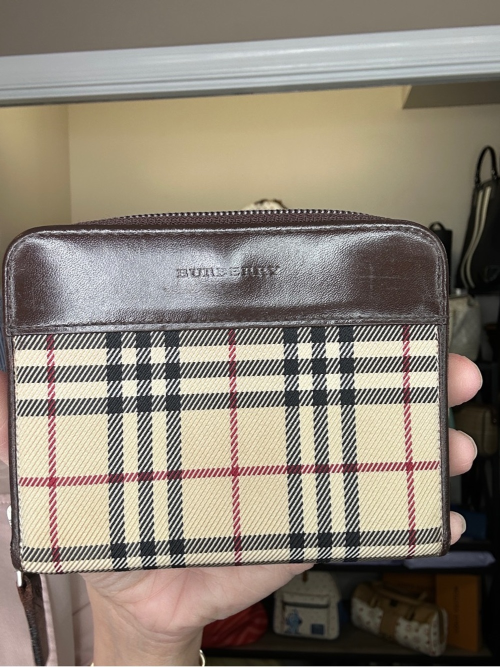 Authentic Burberry Nova Check wallet Canvas and Brown Leather Zip Wallet